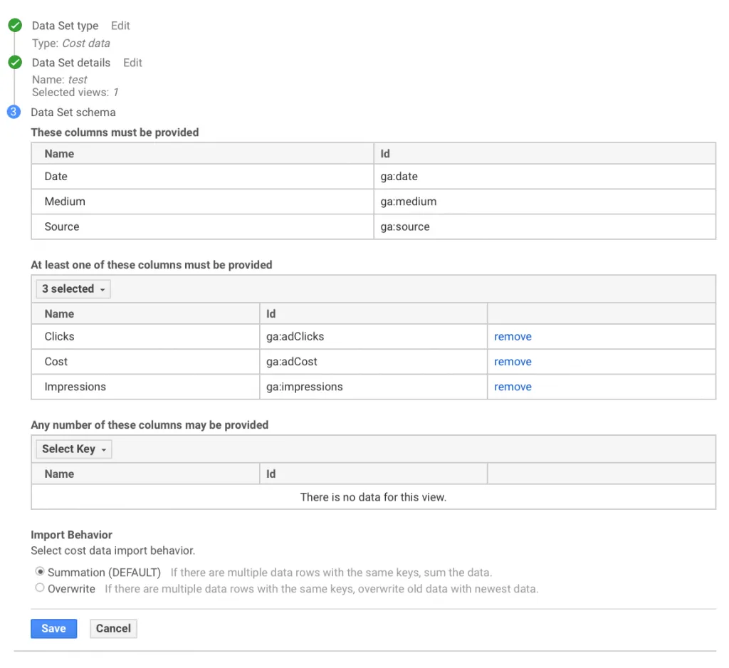 Setting of Data Set Schema in Google Analytics