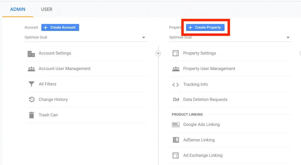 Create a new property in GA