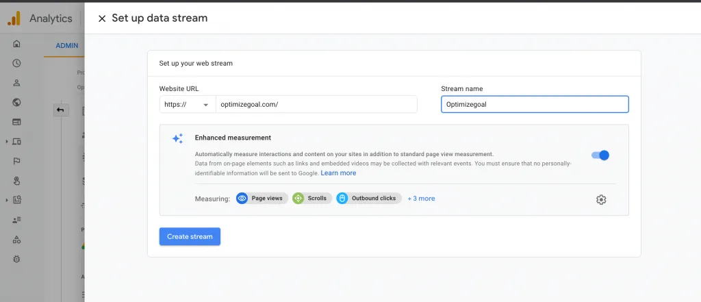fill the data streams details in ga