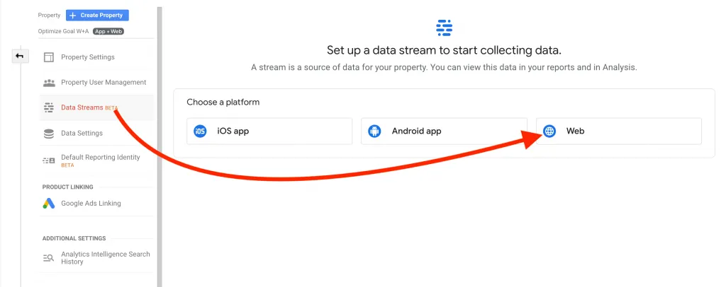 select the data streams in app web property