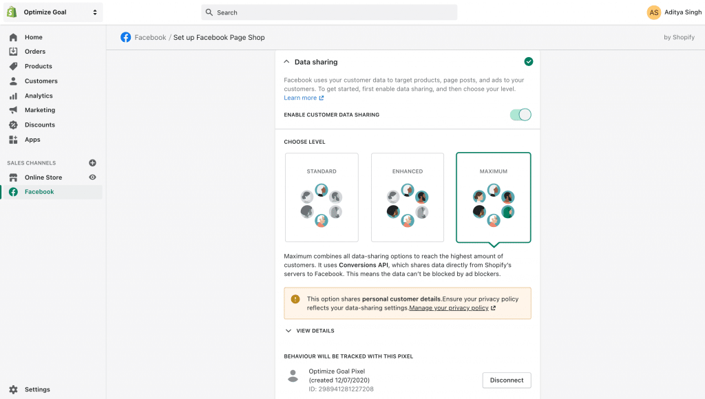 shopify facebook channel pixel setting