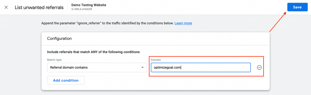 How to Exclude Referrals in Google Analytics 4 4 Exclude Referrals in Google Analytics 4 Enter Domain Save