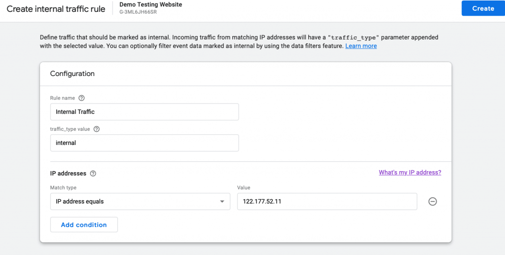 create internal traffic rule in GA4
