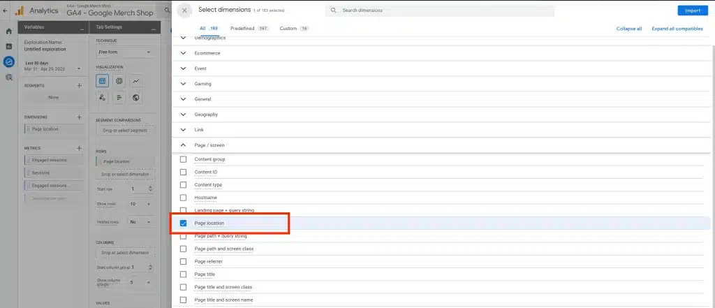 Step 4 Under the “Dimension” dropdown select “Page Location”